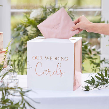 Botanical Wedding Card Box Rose Gold Text - Party Savers