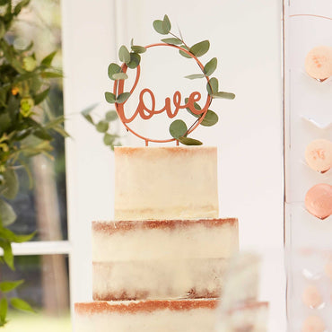 Botanical Wedding Cake Topper Metal Hoop With Wooden Script Writing - Party Savers