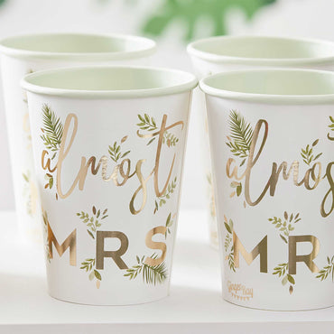 Botanical Hen Party Gold Foiled 'Almost Mrs' Paper Cups 9.5cm H x 7.5cm W - Party Savers