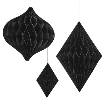 Contemporary Wedding Black Honeycomb Paper Hanging Decorations 3pk