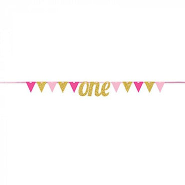 Banner Pennant one Gold & Pink Glittered 20cm x 2.74m