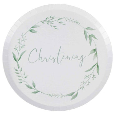 Christening White & Green Paper Plates NPC 25cm 8pk