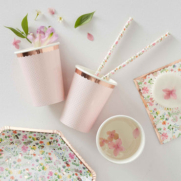 Ditsy Floral Paper Cups Polka Dot Rose Gold 9.5cm H by 7.5cm W - Party Savers