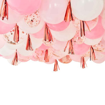 Mix It Up Blush White And Rose Gold Balloon Ceiling With Tassels Each