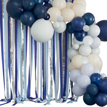 Mix It Up Blue & Cream Balloon Arch & Streamers Balloon Backdrop