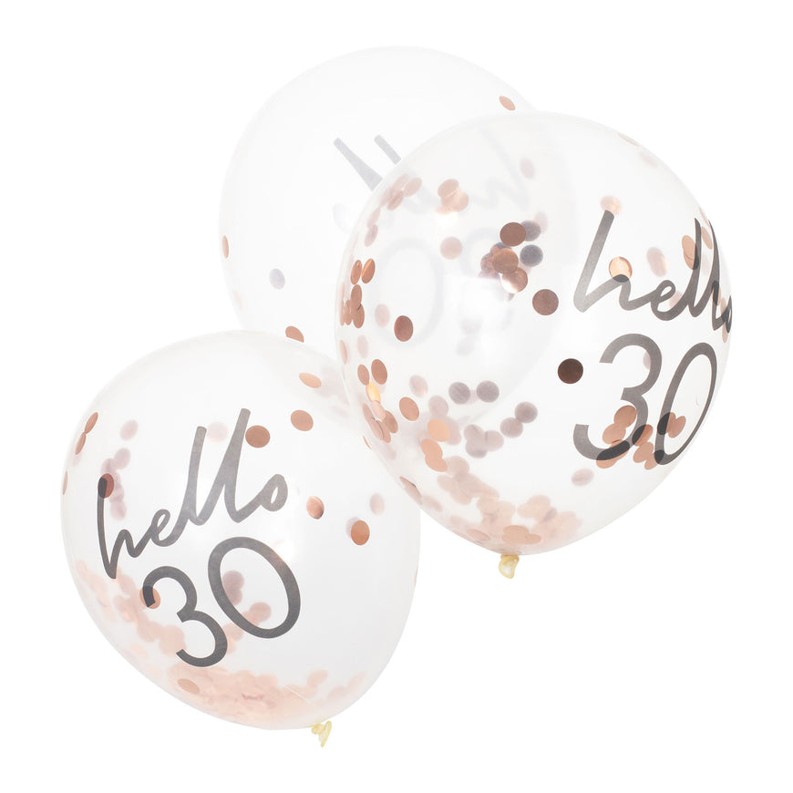 Mix It Up Rose Gold Confetti Filled 'Hello 30' 30cm Balloons 5pk