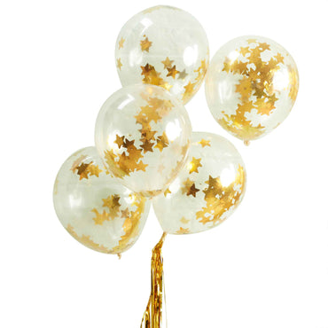 Gold Star Shaped Metallic Star Confetti Filled Balloons 30cm 5pk