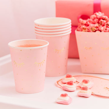 Pamper Party Gold Foiled And Pink Sleepy Eyes Paper Cups 8 cm W x 15 cm H - Party Savers