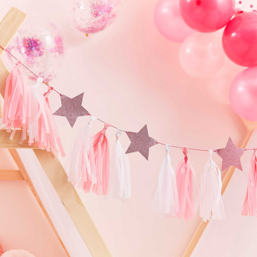 Pamper Party Pink Tassel Garland With Pink Glitter Stars - Party Savers