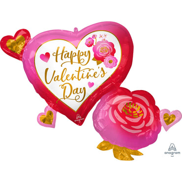 Happy Valentine's Day Heart & Roses Supershape Foil Balloon 81cm x 68cm Each