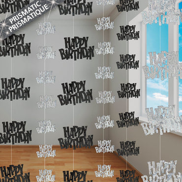 Black Glitz Happy Birthday Hanging Decorations 1.5m 6pk - Party Savers
