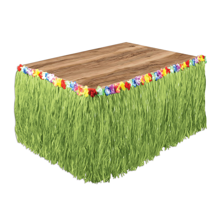 Natural Table Skirting with Floral Trim Artificial Grass 30in x 9ft. Each - Party Savers