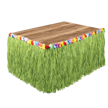 Green Table Skirting with Floral Trim Artificial Grass 30in x 9ft. Each - Party Savers