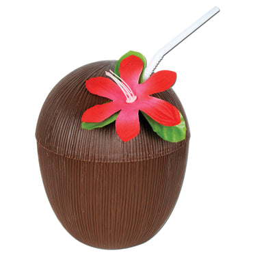Flower & Straw Included Plastic Coconut Cup 473ml Each - Party Savers