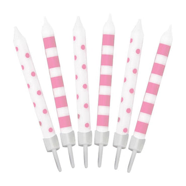 Pastel Pink Stripes And Dots Candles 12pk - Party Savers