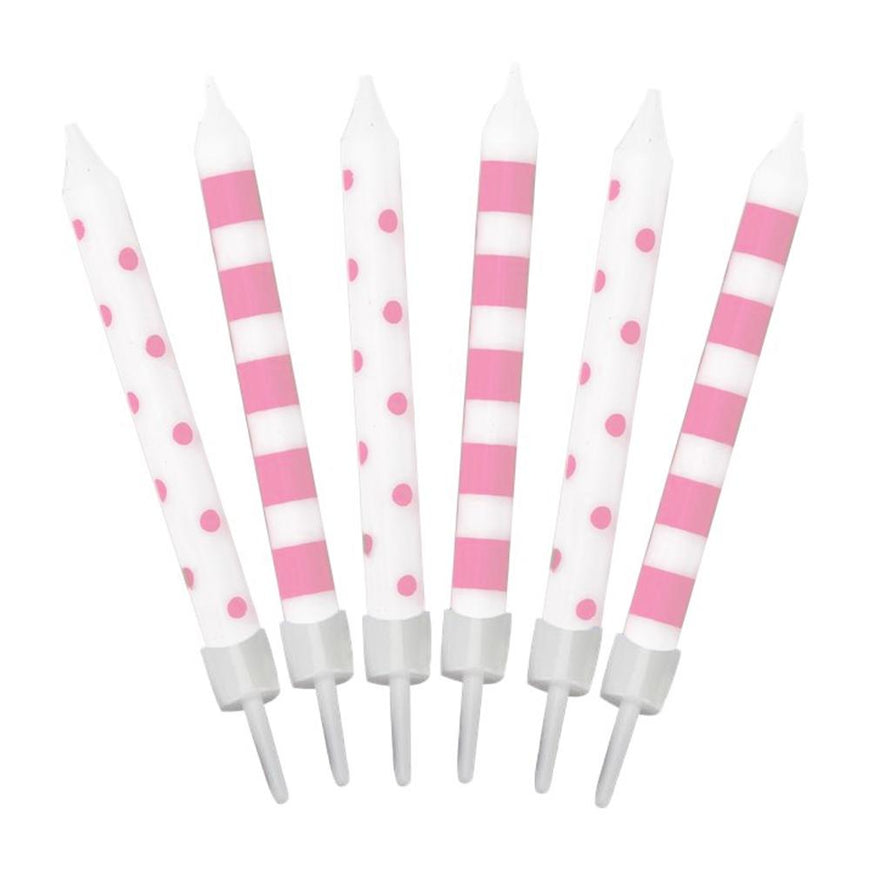 Pastel Pink Stripes And Dots Candles 12pk - Party Savers