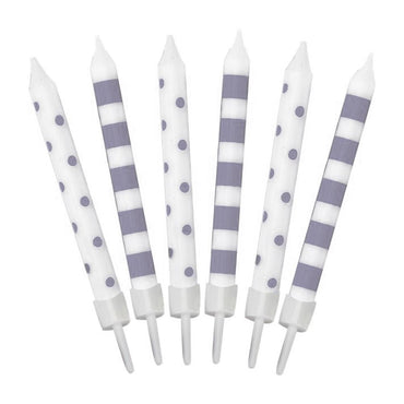 Silver Dots And Striped Candles 12pk - Party Savers
